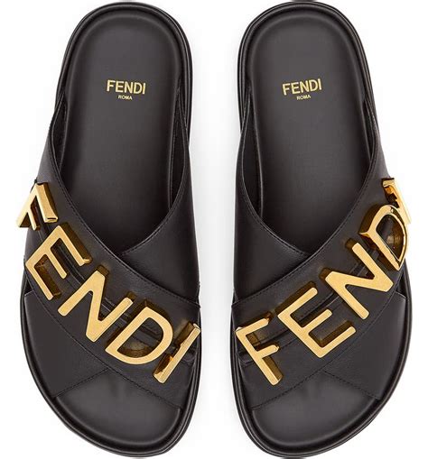 black and white fendi slides|Fendi leather flat slides.